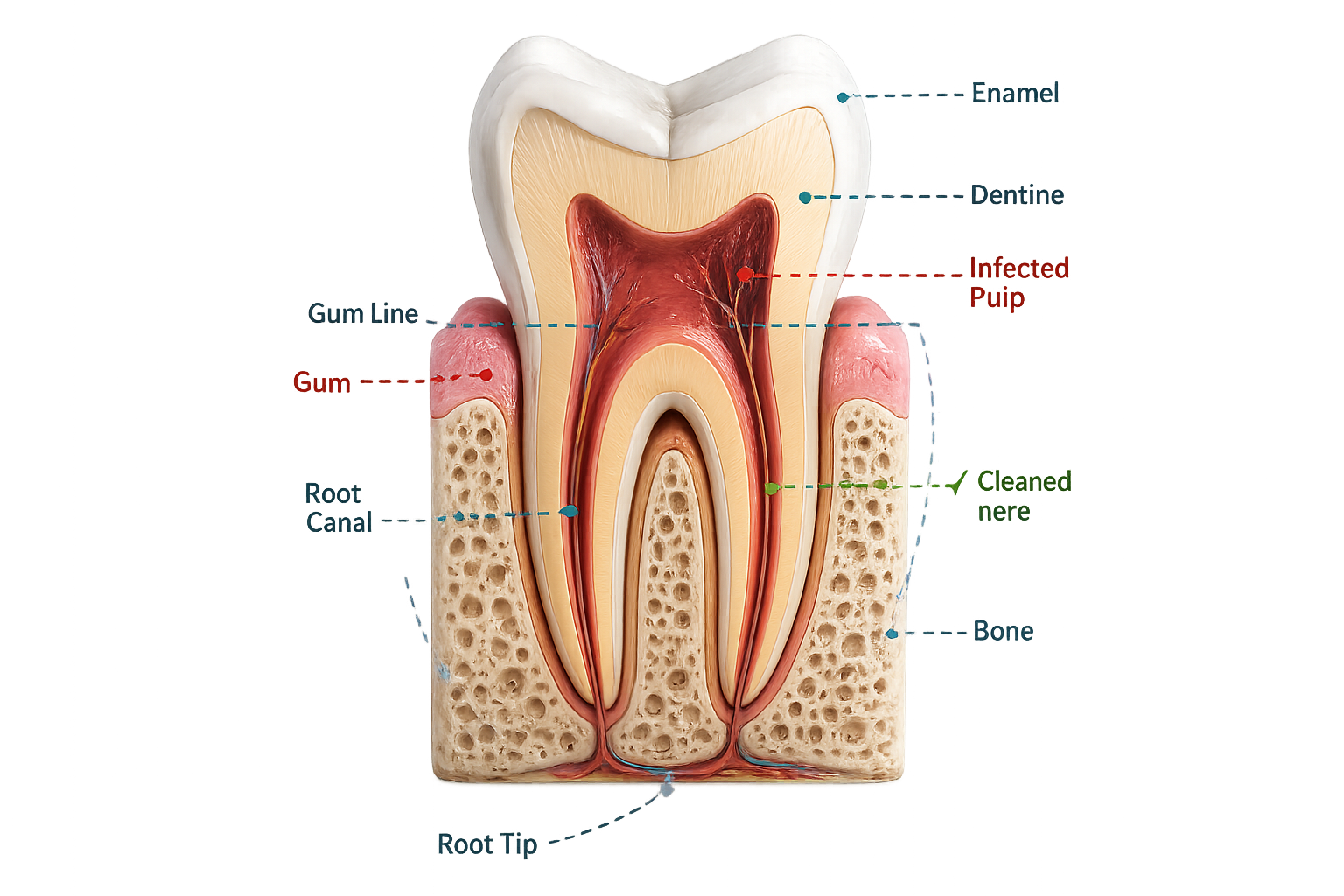 Cross-section of a tooth showing enamel, dentine, infected pulp and the root canal cleaned during treatment